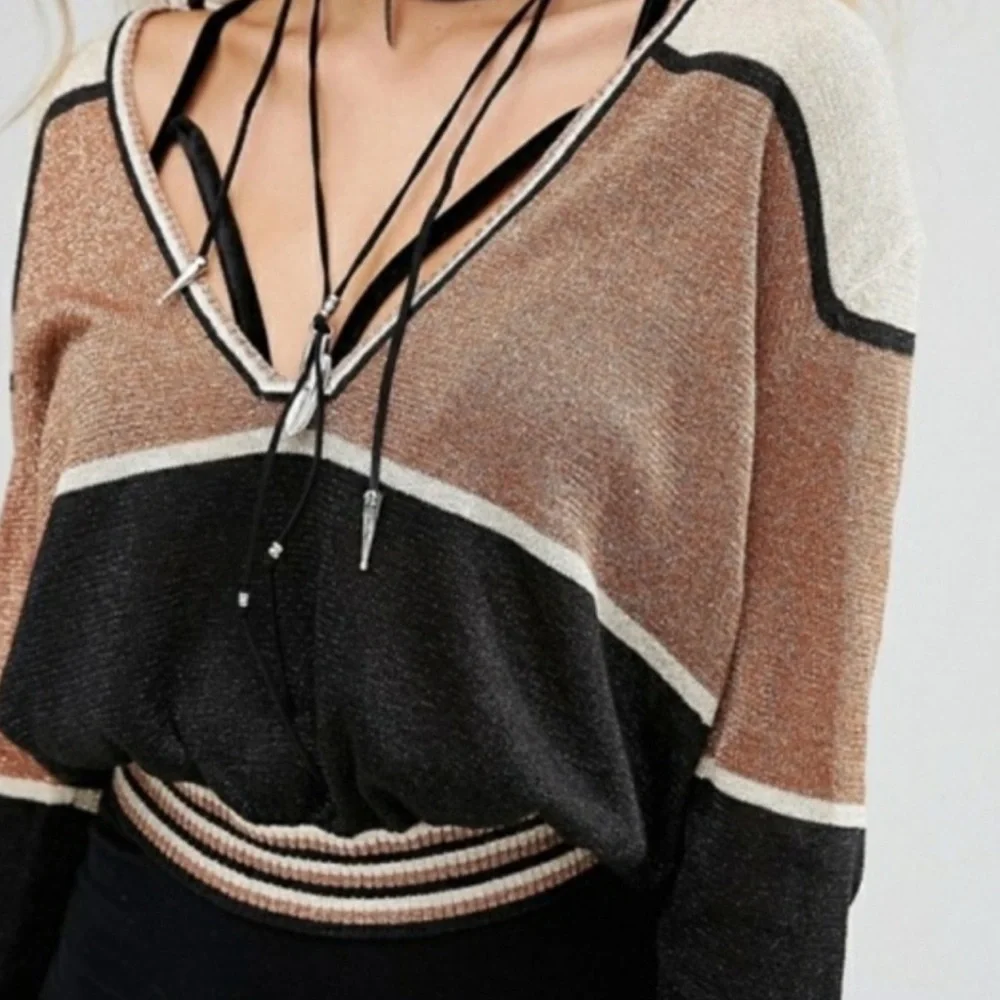Free People‎ Sweater - Sz Medium - Deep V-Neck - Color Block - Gold Dust